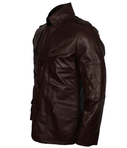 Men Fashion Diamond Quilted Sleeve Dark Brown Leather Trench Coat