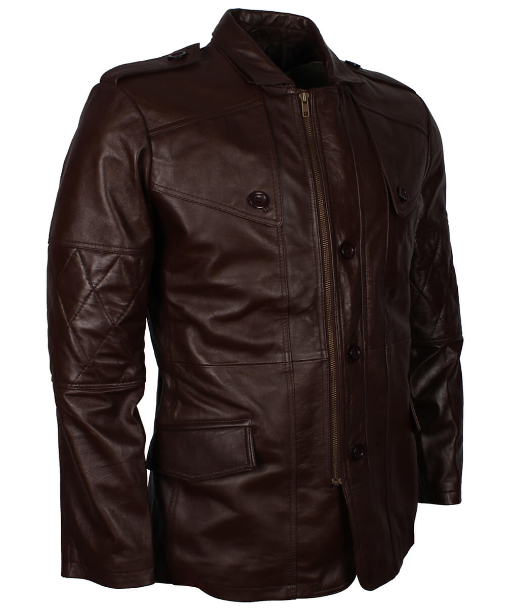 Men Fashion Diamond Quilted Sleeve Dark Brown Leather Trench Coat