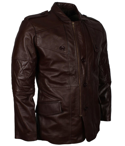 Men Fashion Diamond Quilted Sleeve Dark Brown Leather Trench Coat
