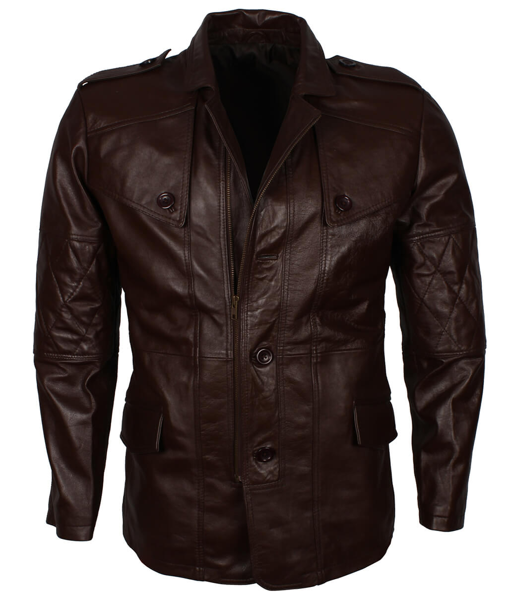 Men Fashion Diamond Quilted Sleeve Dark Brown Leather Trench Coat
