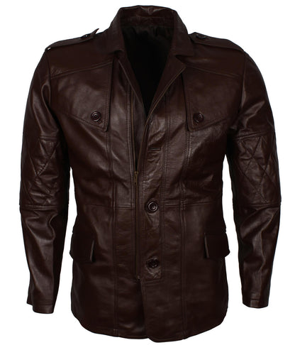 Men Fashion Diamond Quilted Sleeve Dark Brown Leather Trench Coat