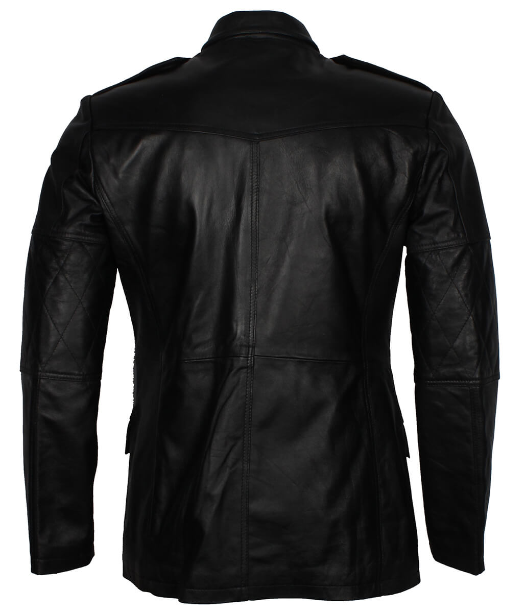 Men Fashion Diamond Stitched Sleeves Black Leather Trench Coat