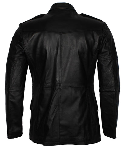 Men Fashion Diamond Stitched Sleeves Black Leather Trench Coat