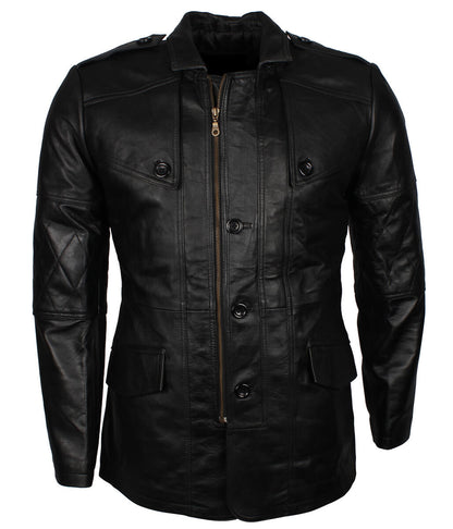 Men Fashion Diamond Stitched Sleeves Black Leather Trench Coat