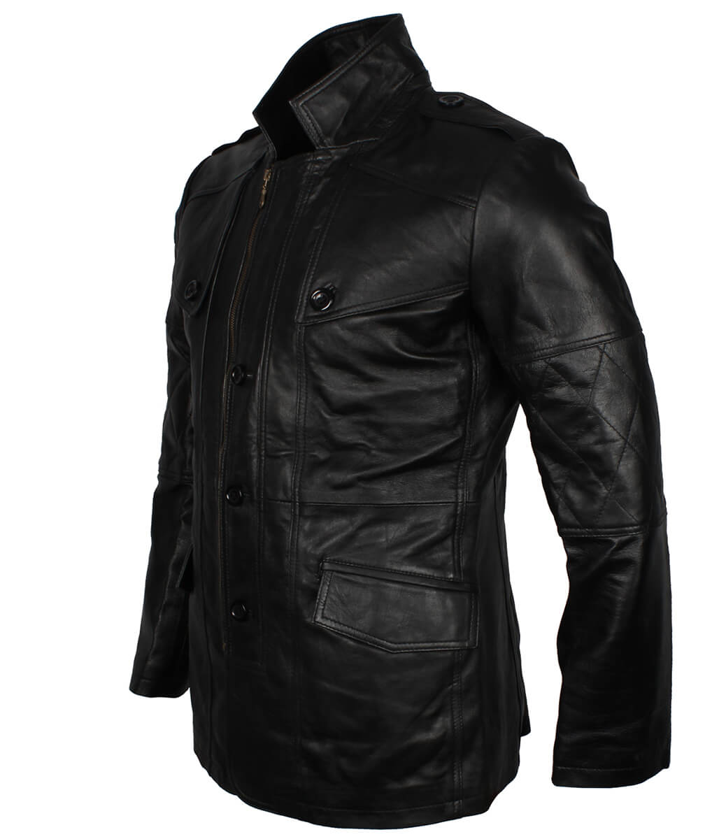 Men Fashion Diamond Stitched Sleeves Black Leather Trench Coat