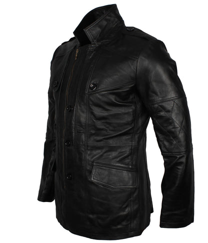 Men Fashion Diamond Stitched Sleeves Black Leather Trench Coat
