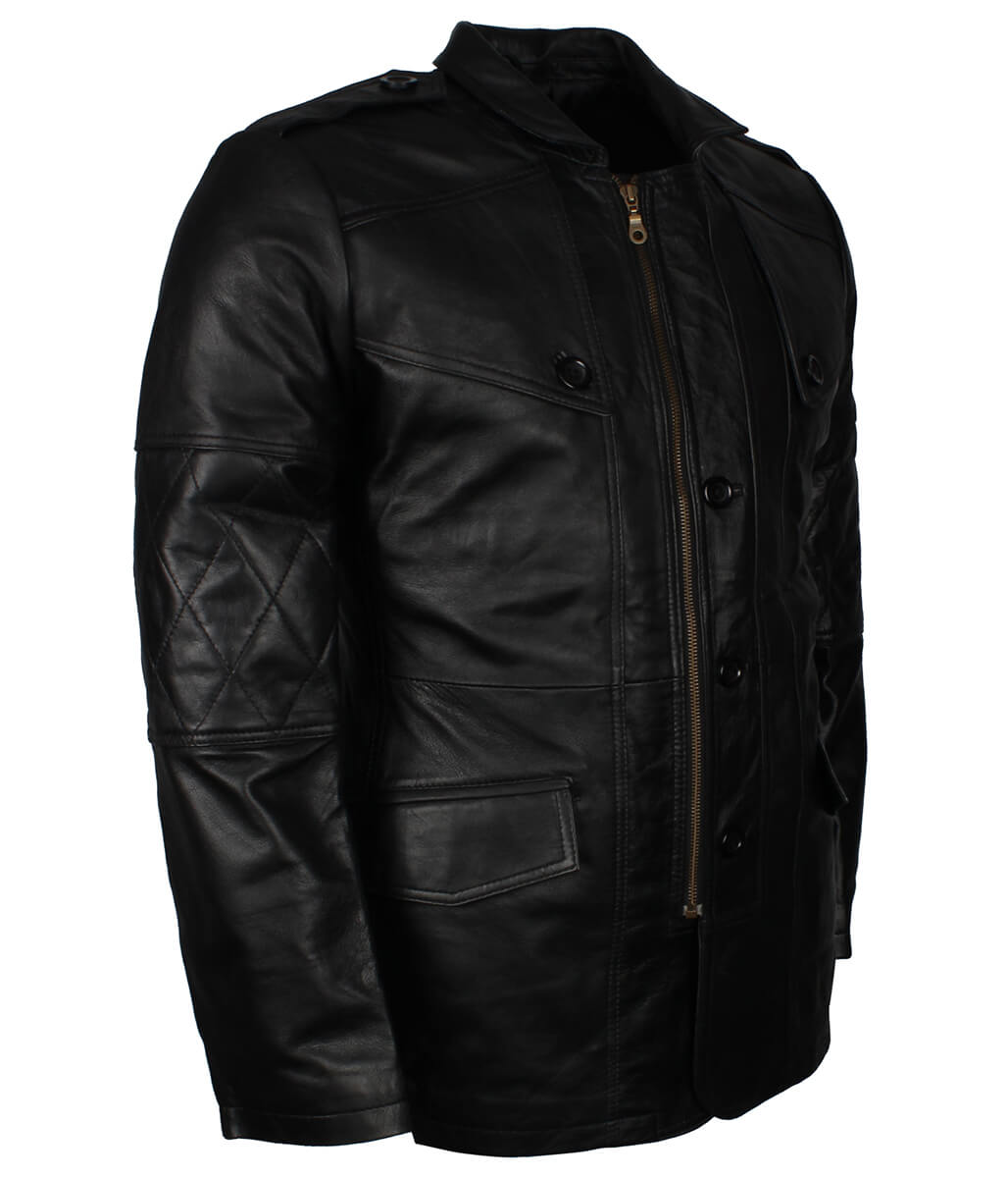 Men Fashion Diamond Stitched Sleeves Black Leather Trench Coat