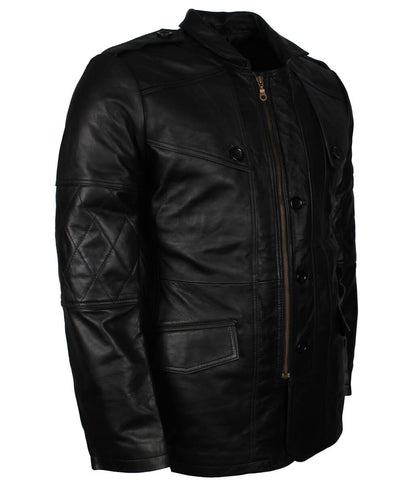 Men Fashion Diamond Stitched Sleeves Black Leather Trench Coat