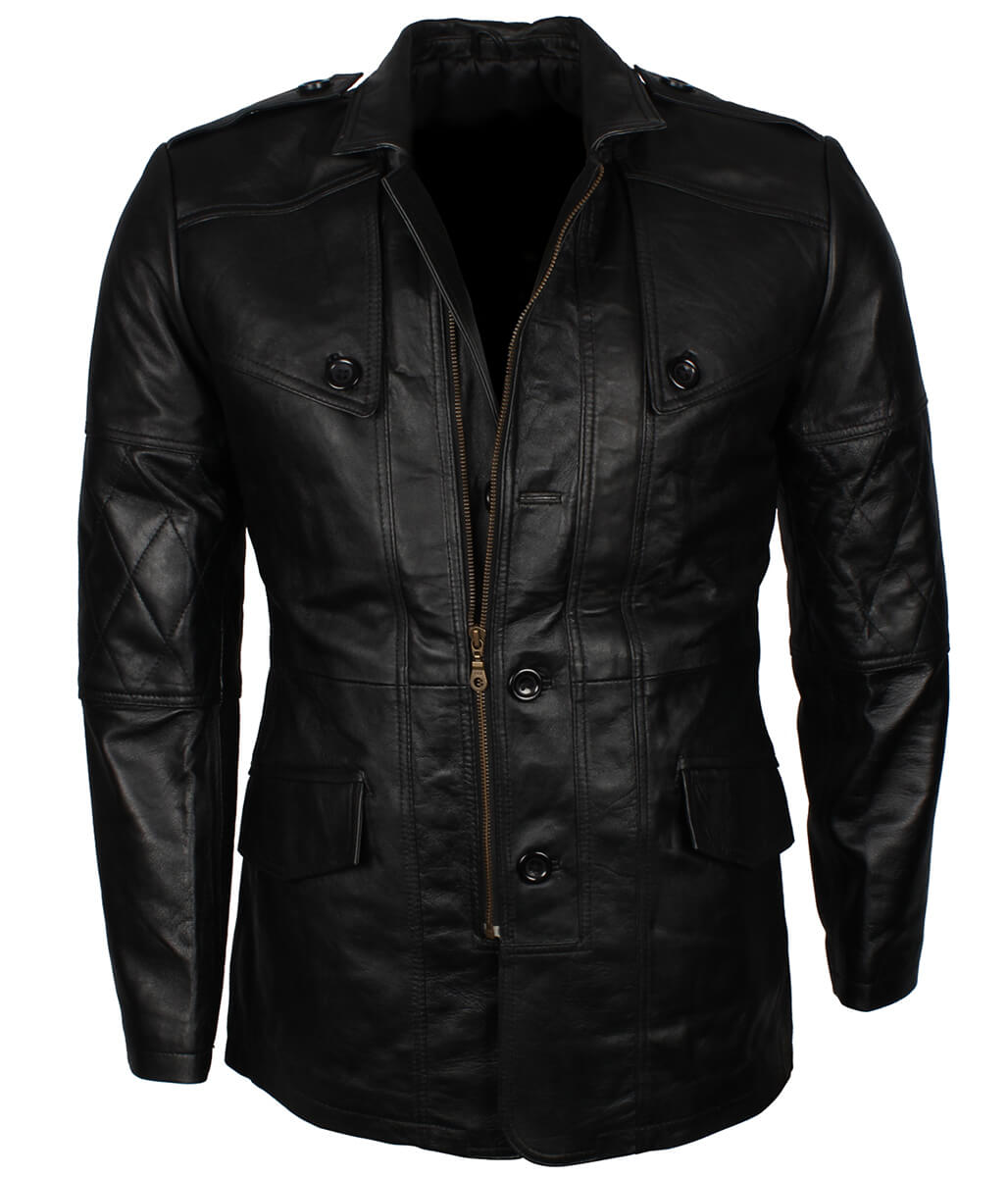 Men Fashion Diamond Stitched Sleeves Black Leather Trench Coat