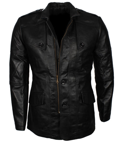 Men Fashion Diamond Stitched Sleeves Black Leather Trench Coat