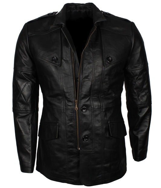 Men Fashion Diamond Stitched Sleeves Black Leather Trench Coat