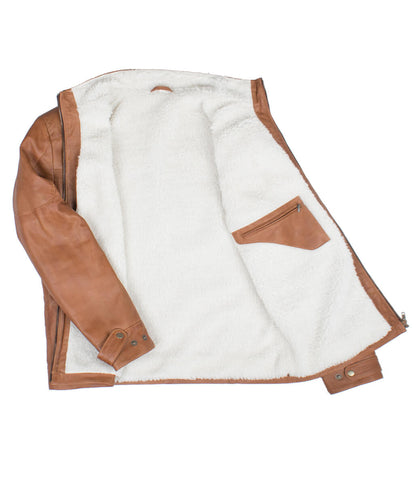 Men Faux Shearling Lined Real Leather Jacket Tan