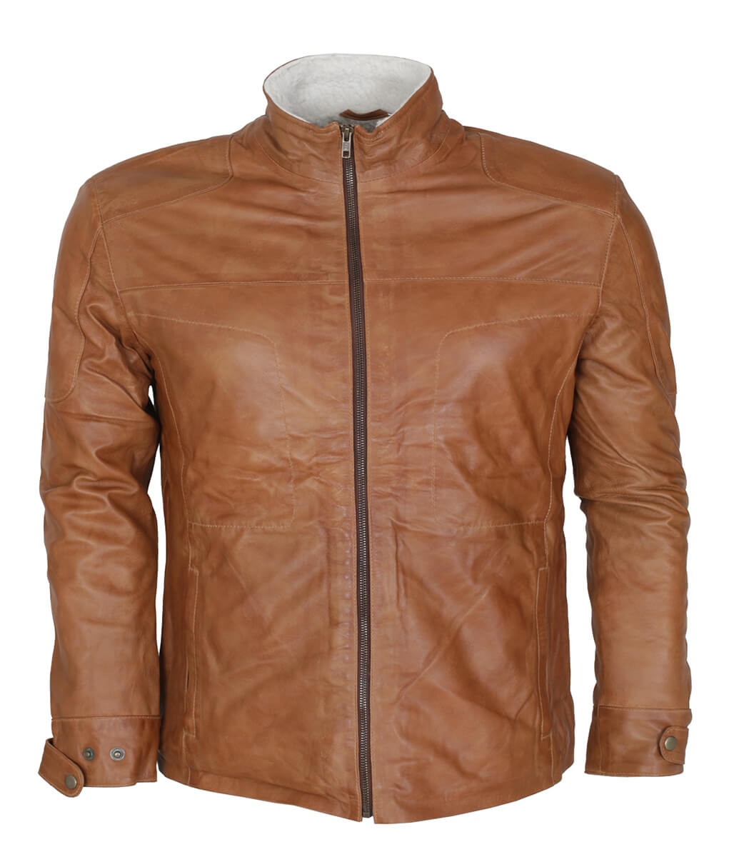 Men Faux Shearling Lined Real Leather Jacket Tan