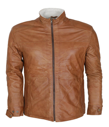Men Faux Shearling Lined Real Leather Jacket Tan