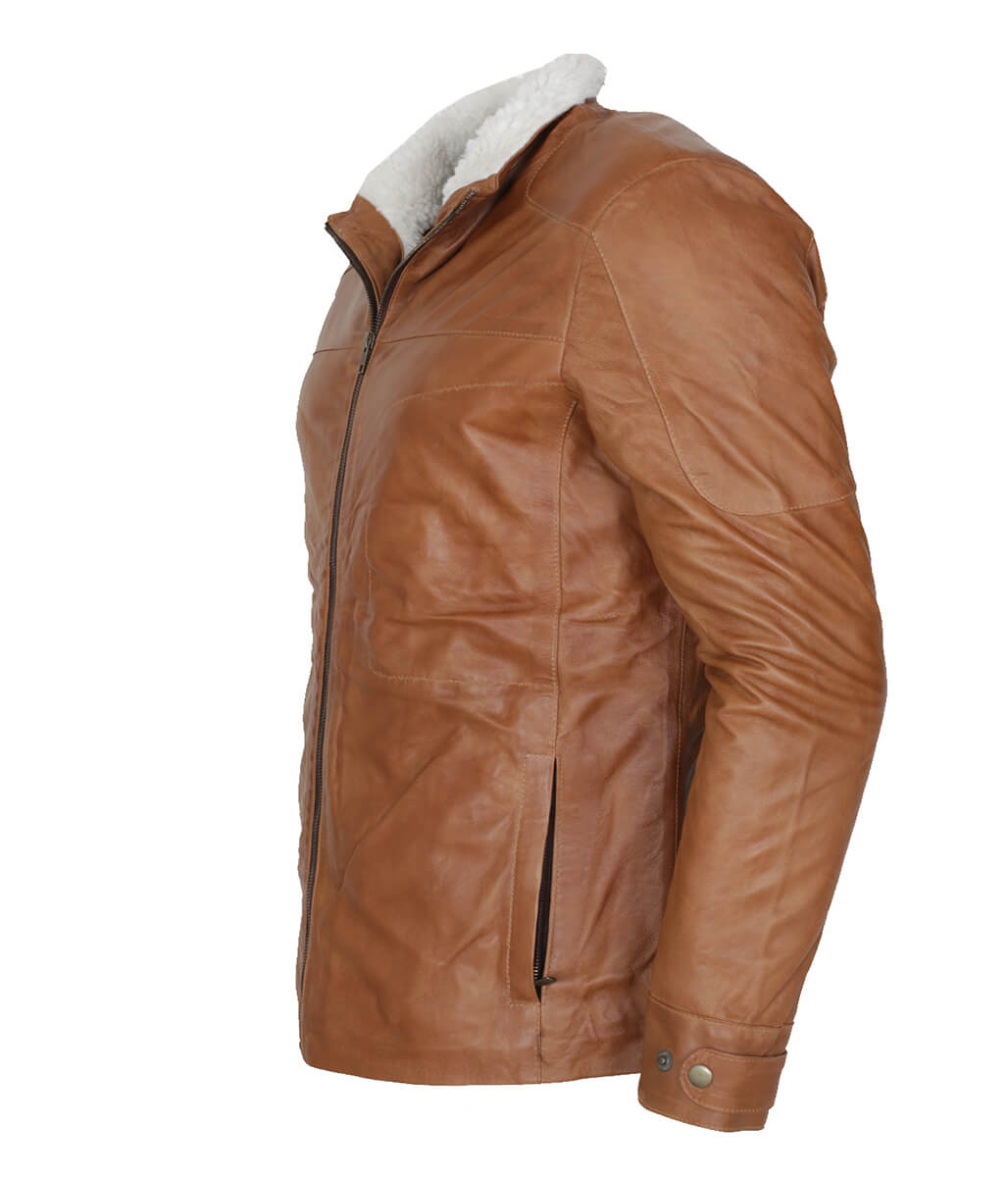 Men Faux Shearling Lined Real Leather Jacket Tan