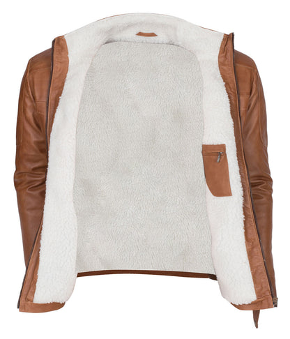 Men Faux Shearling Lined Real Leather Jacket Tan