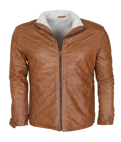 Men Faux Shearling Lined Real Leather Jacket Tan