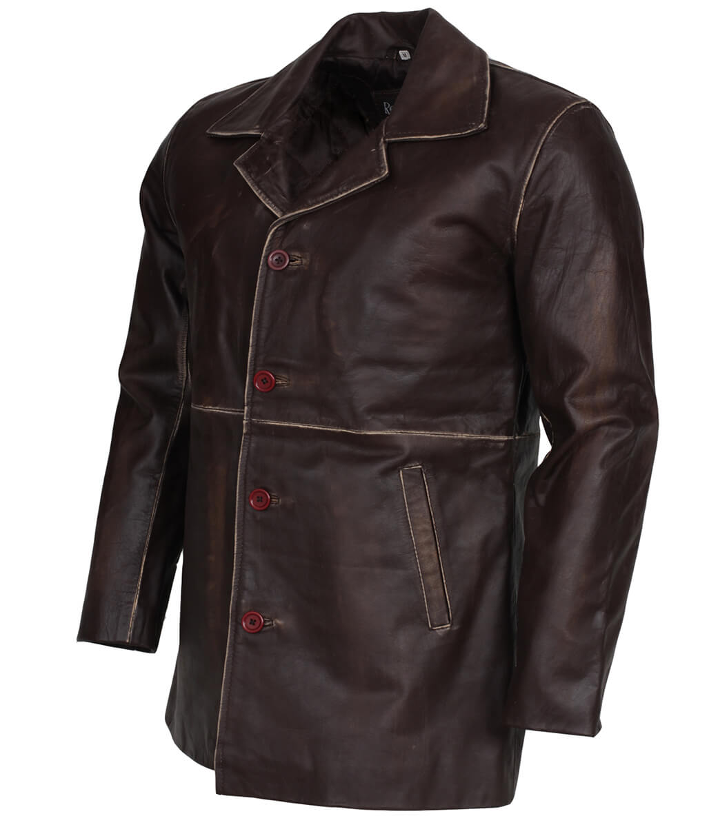 Men Fight Club Tyler Durden Distressed Dark Brown Leather Coat
