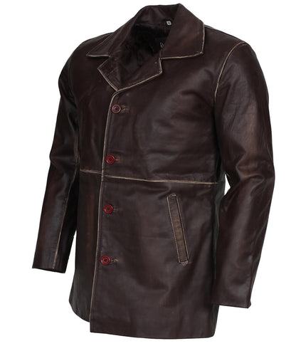 Men Fight Club Tyler Durden Distressed Dark Brown Leather Coat