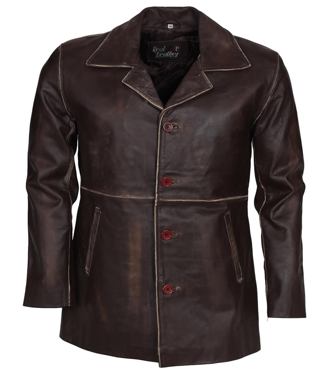 Men Fight Club Tyler Durden Distressed Dark Brown Leather Coat