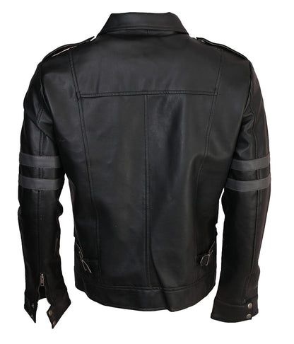 Men Four Pocket Arm Striped Motorcycle Black Leather Jacket