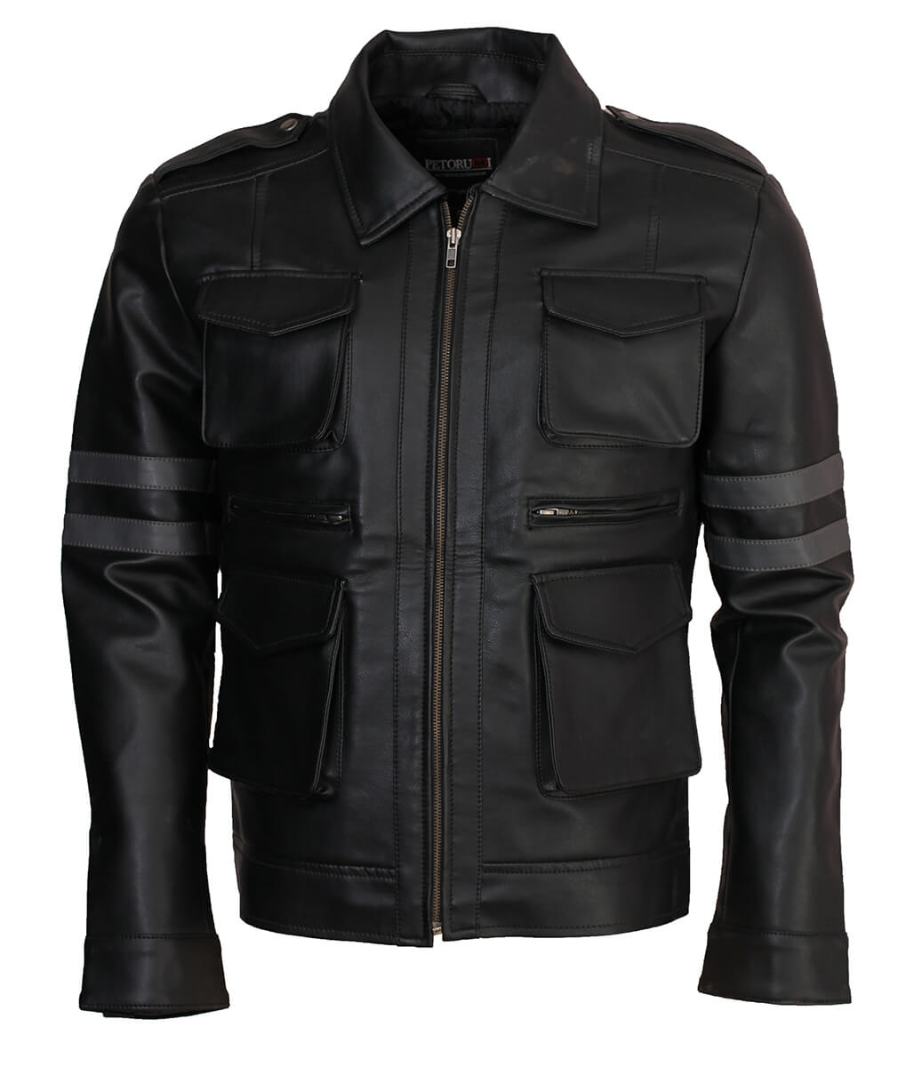 Men Four Pocket Arm Striped Motorcycle Black Leather Jacket