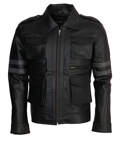 Men Four Pocket Arm Striped Motorcycle Black Leather Jacket