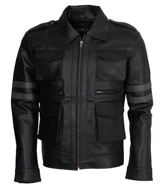 Men Four Pocket Arm Striped Motorcycle Black Leather Jacket