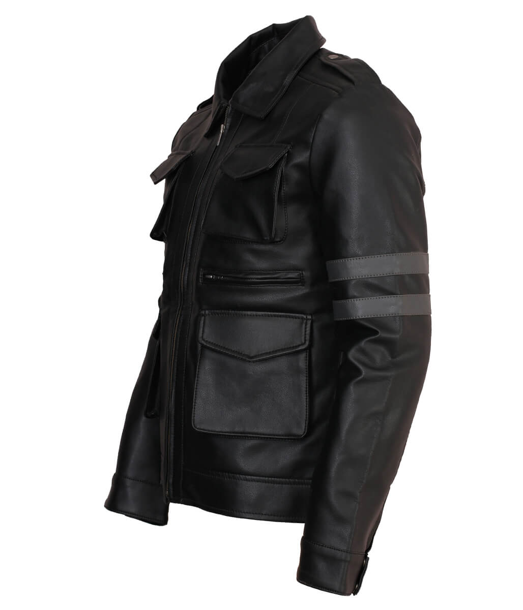 Men Four Pocket Arm Striped Motorcycle Black Leather Jacket