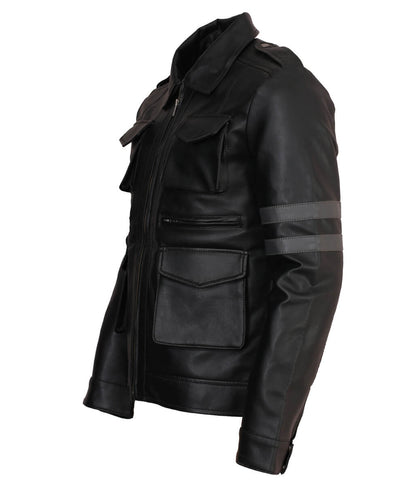 Men Four Pocket Arm Striped Motorcycle Black Leather Jacket