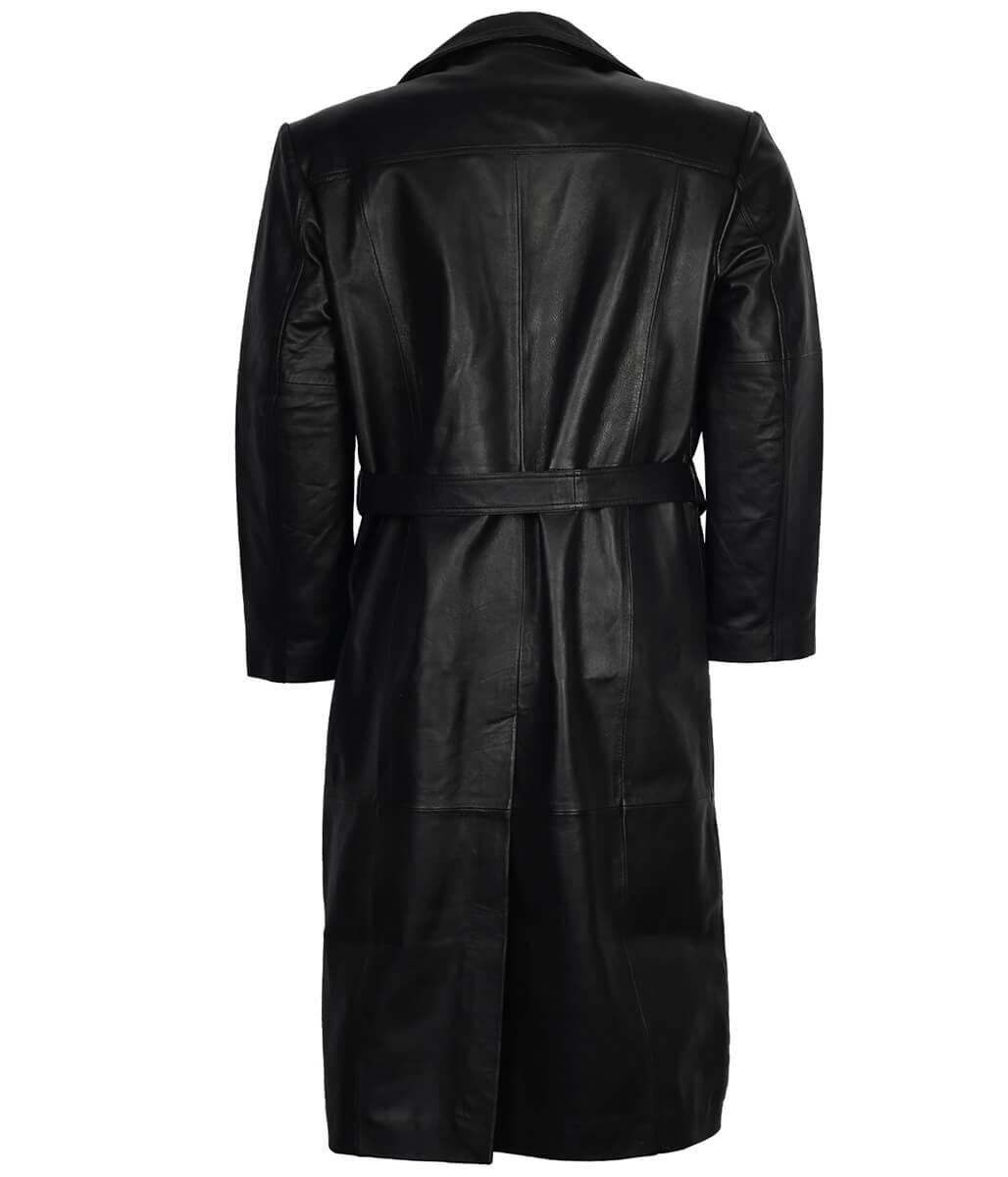 Men Full Length Buckled Belt Black Leather Trench Coat