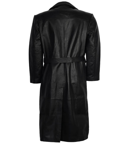 Men Full Length Buckled Belt Black Leather Trench Coat
