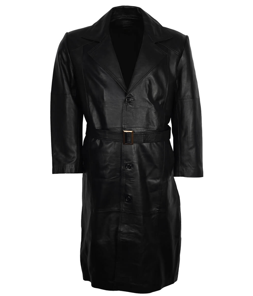 Men Full Length Buckled Belt Black Leather Trench Coat