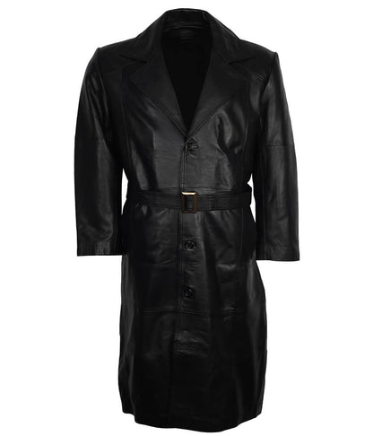 Men Full Length Buckled Belt Black Leather Trench Coat