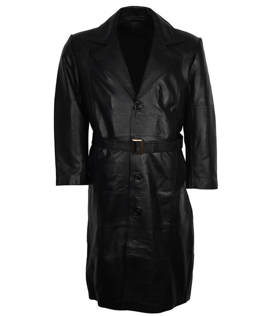 Men Full Length Buckled Belt Black Leather Trench Coat
