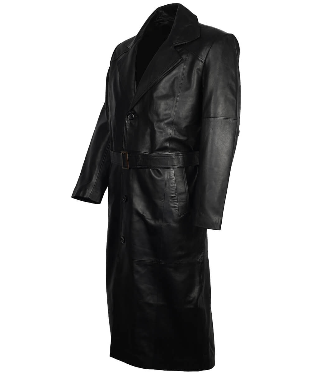 Men Full Length Buckled Belt Black Leather Trench Coat