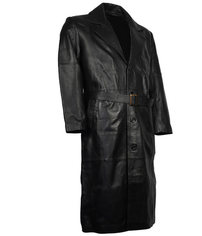 Men Full Length Buckled Belt Black Leather Trench Coat