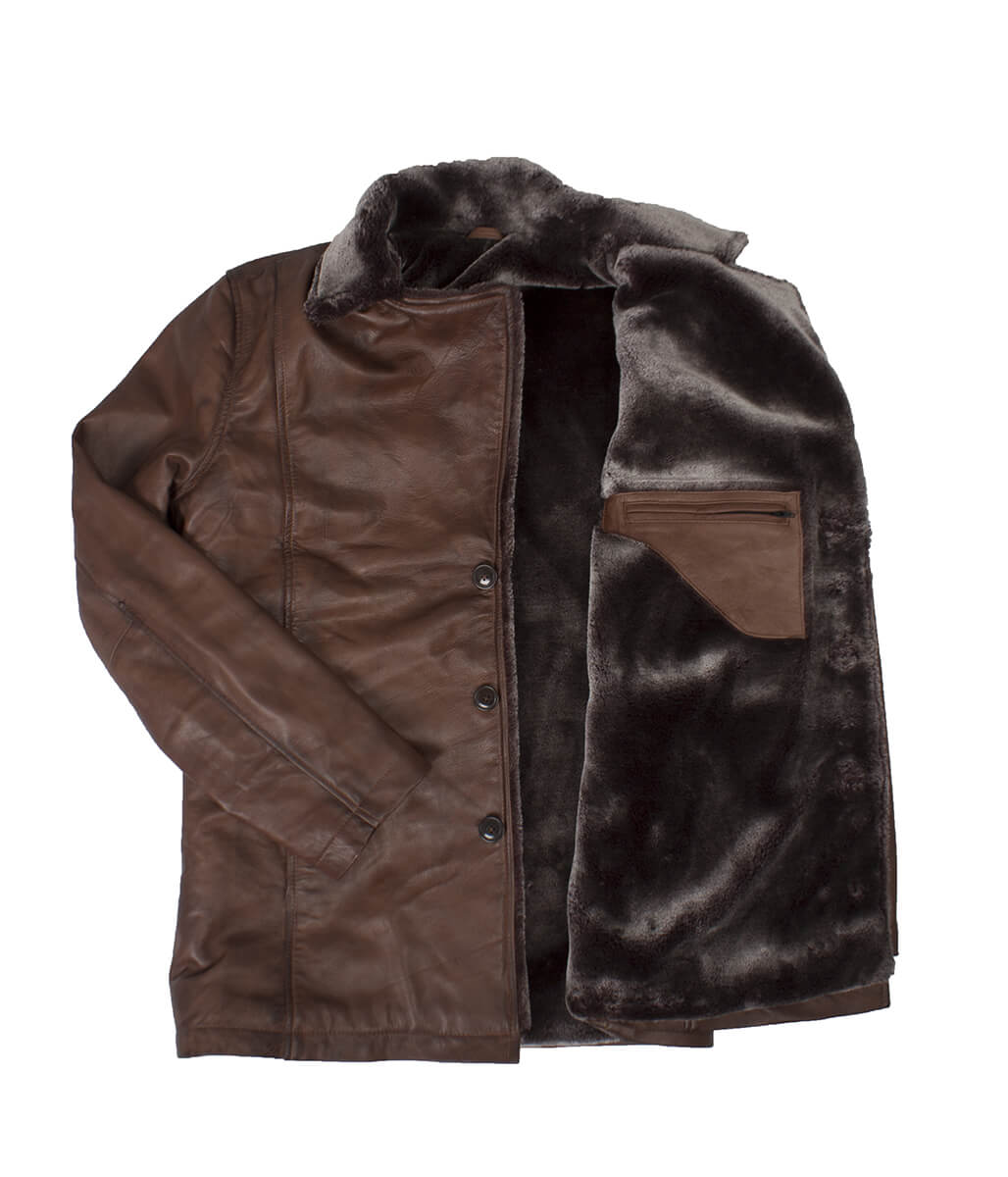 Men Fur Collar Button Closure Leather Coat Brown