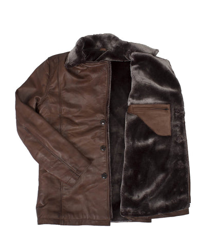 Men Fur Collar Button Closure Leather Coat Brown