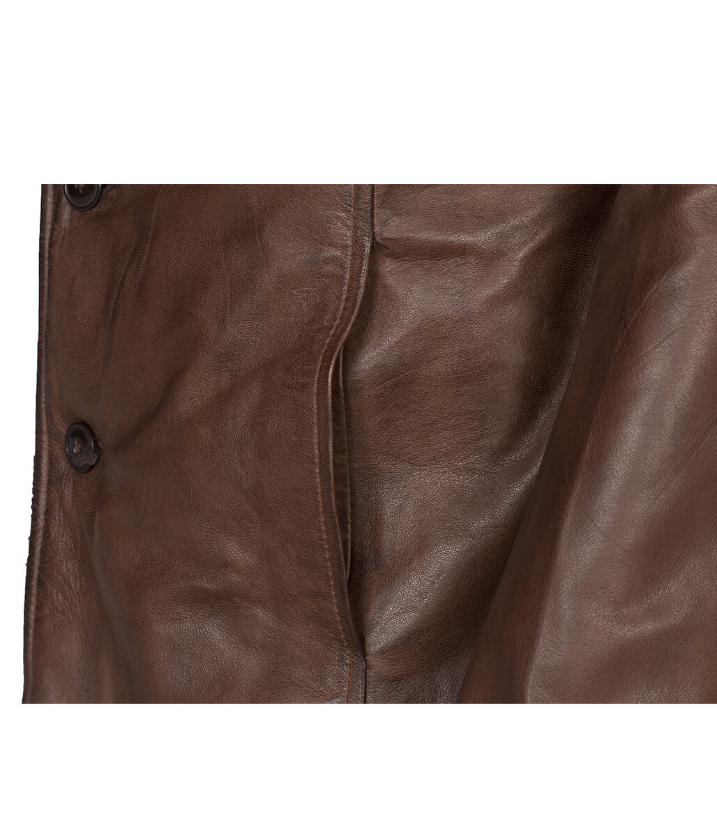 Men Fur Collar Button Closure Leather Coat Brown