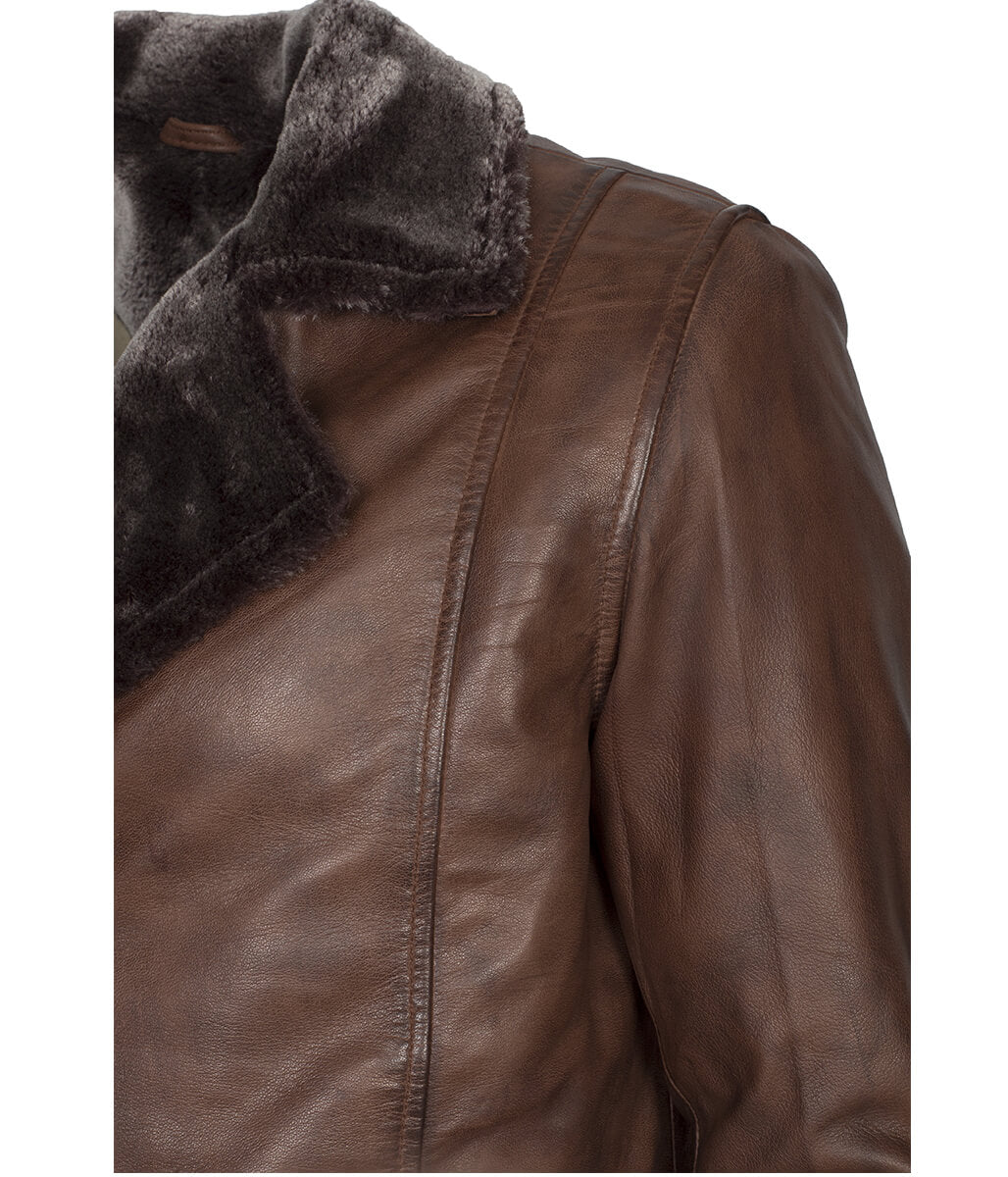 Men Fur Collar Button Closure Leather Coat Brown