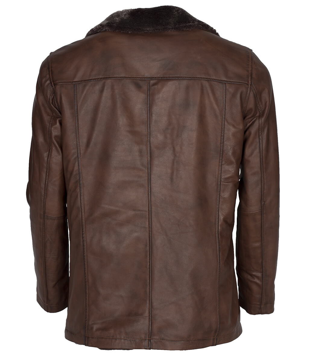 Men Fur Collar Button Closure Leather Coat Brown