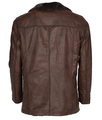 Men Fur Collar Button Closure Leather Coat Brown