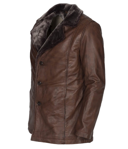 Men Fur Collar Button Closure Leather Coat Brown