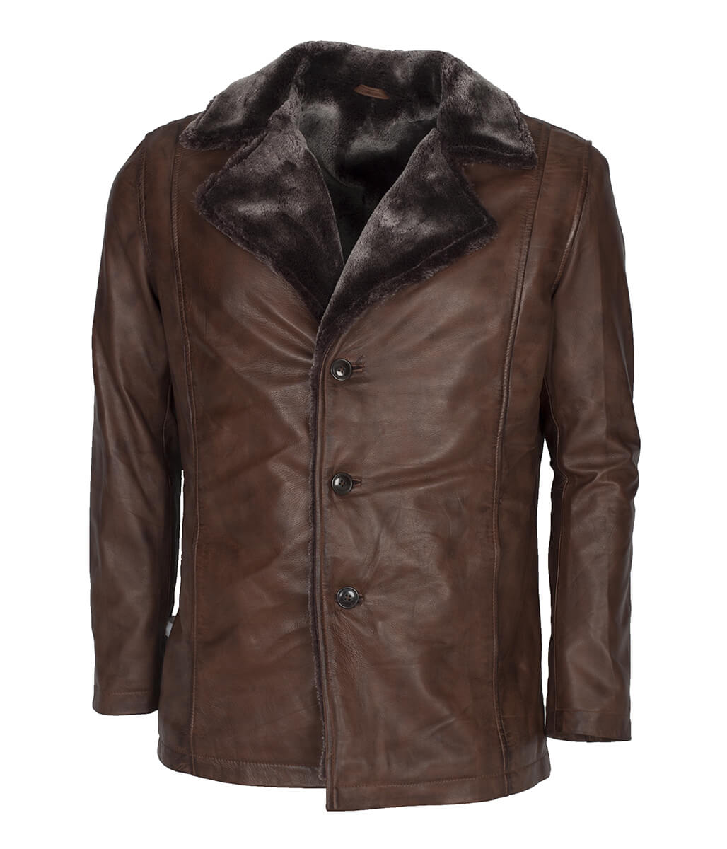 Men Fur Collar Button Closure Leather Coat Brown