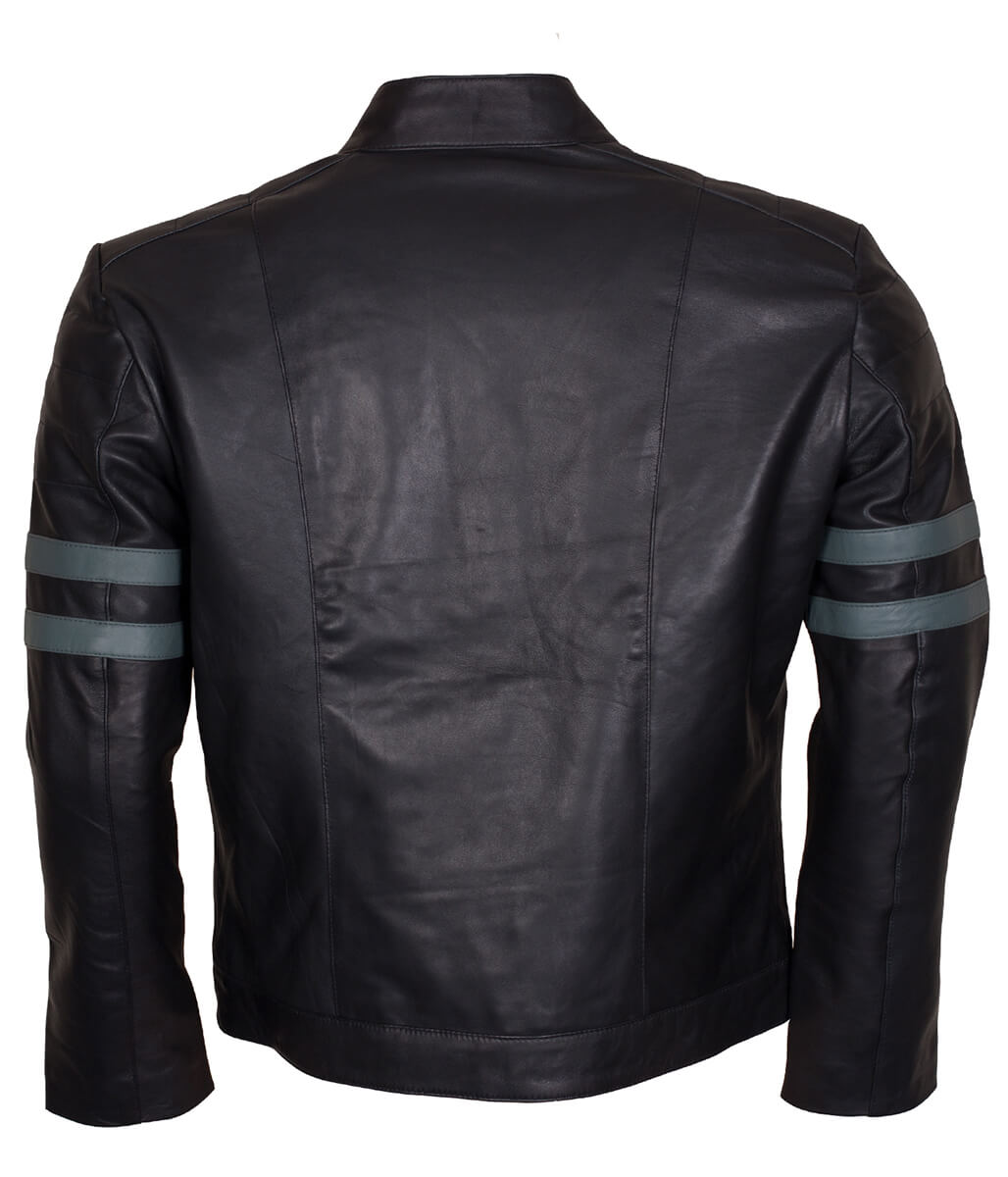 Men Grey Arm Striped Cafe Racer Real Leather Jacket 