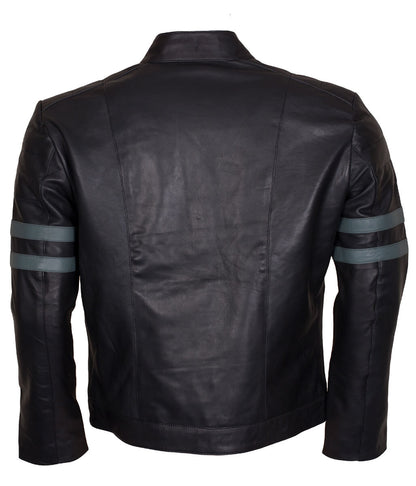 Men Grey Arm Striped Cafe Racer Real Leather Jacket 
