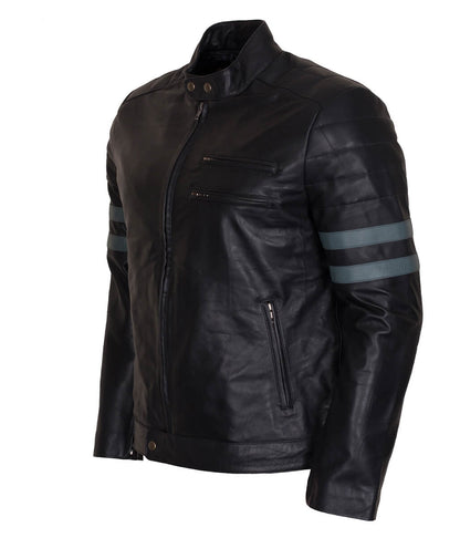 Men Grey Arm Striped Cafe Racer Real Leather Jacket 