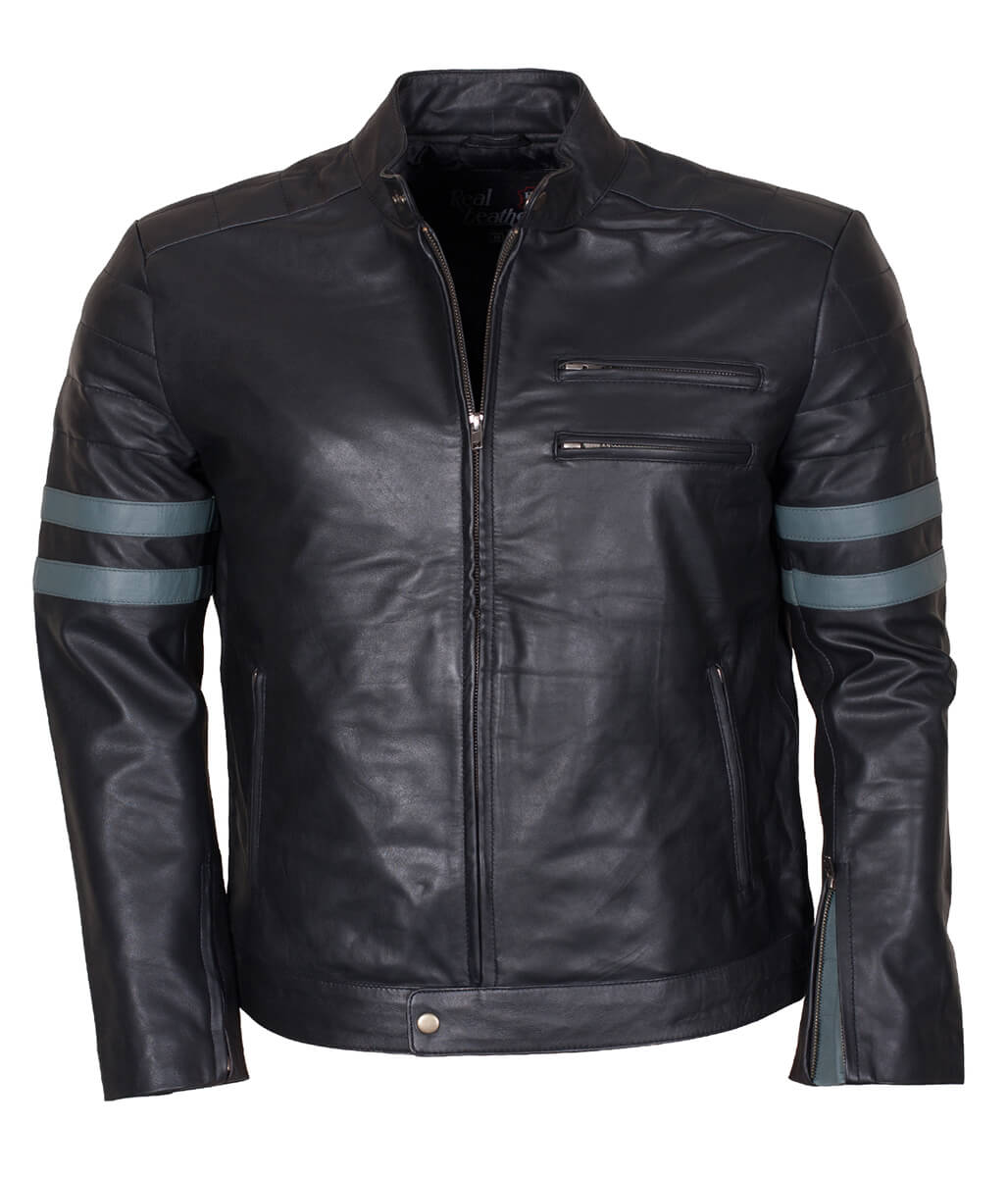 Men Grey Arm Striped Cafe Racer Real Leather Jacket 