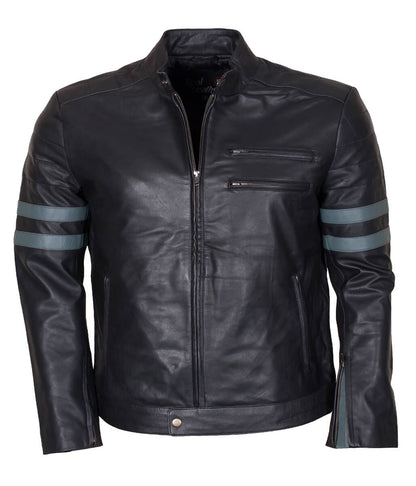 Men Grey Arm Striped Cafe Racer Real Leather Jacket 